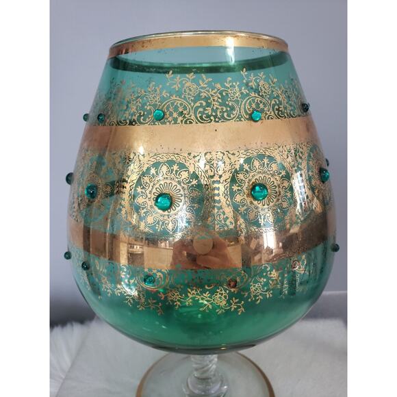 LARGE Vintage Jeweled Empoli Brandy Snifter Vase Gold Green Gilded Bohemian‎ - Picture 5 of 8